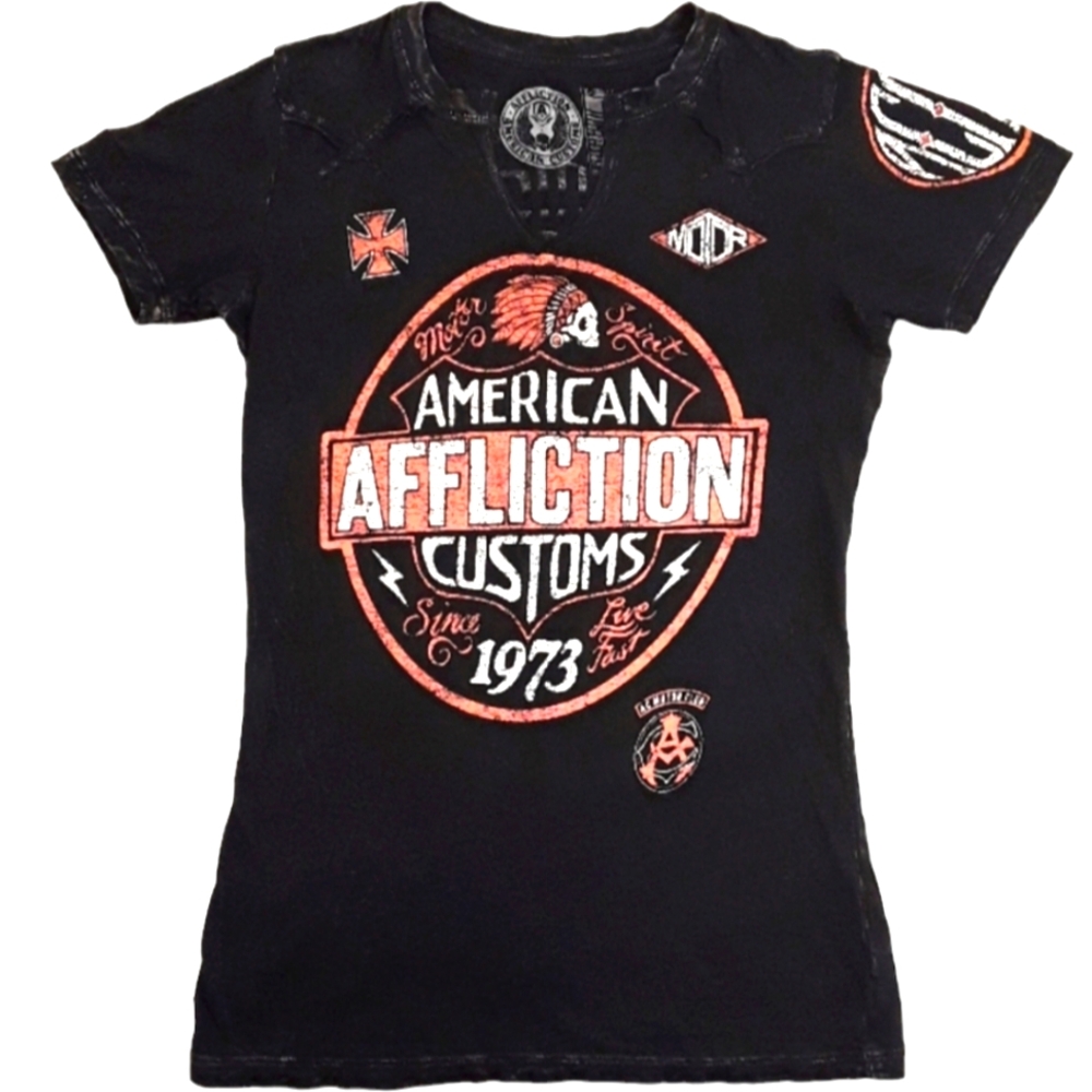 Affliction American Customs Black Shortsleeve Graphic Shirt. Women's Size: XS.